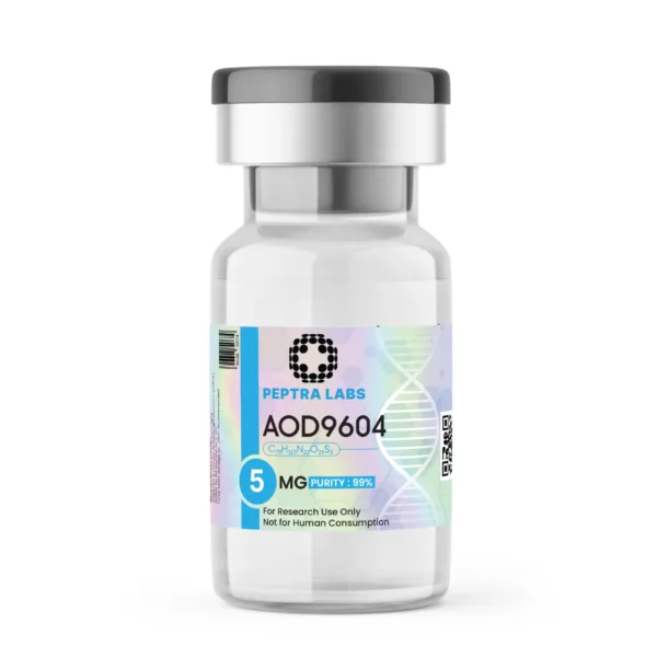 AOD9604 5 mg – vial de péptido para investigación, pureza 99 % en la etiqueta, Peptra Labs