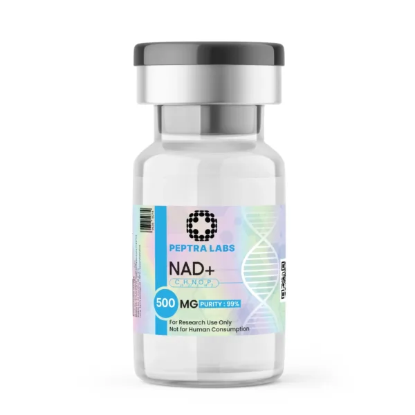 NAD+ 500 mg – vial de compuesto para investigación, pureza 99 % en la etiqueta, Peptra Labs