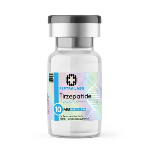 Tirzepatide 10 mg – vial de péptido para investigación, pureza 99 % en la etiqueta, Peptra Labs
