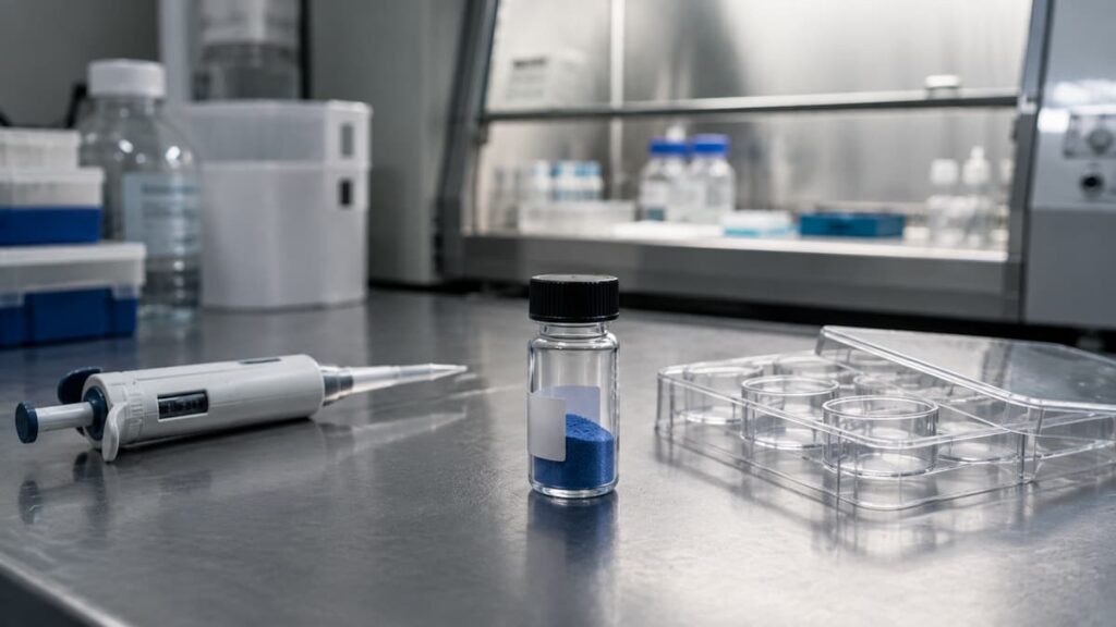 Un vial pequeño etiquetado con polvo azul sobre una mesa de laboratorio, junto a una pipeta y una placa de cultivo celular, en un entorno de investigación de GHK-Cu en piel.