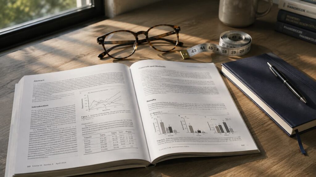 A printed review article and reading glasses on a desk beside a tape measure and a notebook, in a setting that illustrates research on anti-obesity medications.