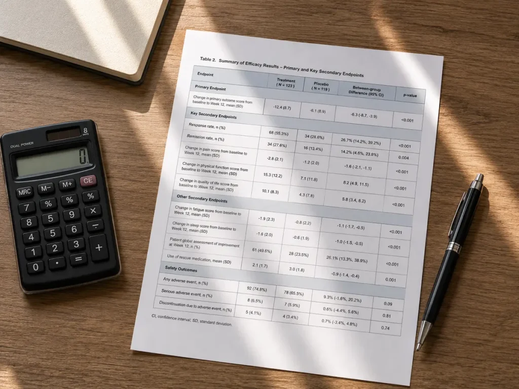 Una tabla impresa de resultados de ensayo clínico y una calculadora sobre un escritorio junto a un bolígrafo, en un entorno que ilustra el análisis post hoc de SURMOUNT.