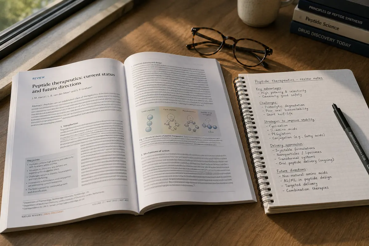 Un artículo de revisión impreso sobre el péptido MOTS-c y las microproteínas, abierto sobre un escritorio junto a un cuaderno de laboratorio.