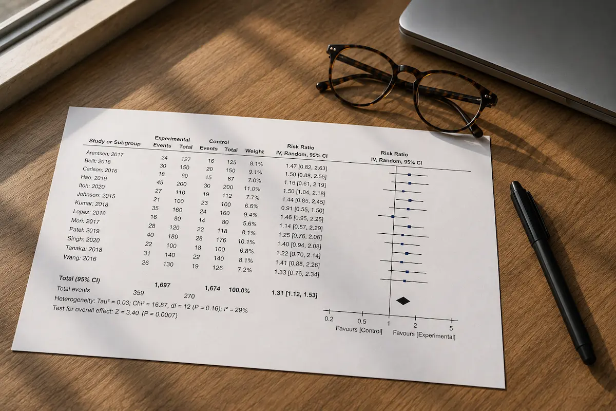 Forest plot impreso de un metaanálisis sobre tirzepatide, sobre un escritorio, junto a unas gafas de lectura.