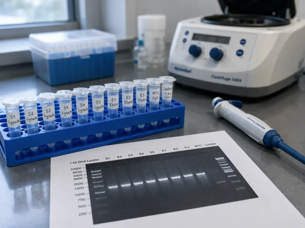Gradilla con tubos etiquetados en un banco de laboratorio, en trabajo con thymosin beta-4 en modelo de colitis.