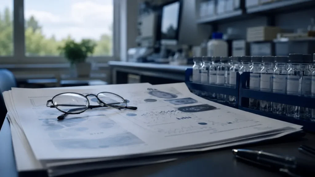 Printed pages of a scientific review on a laboratory desk beside a rack of labeled research vials