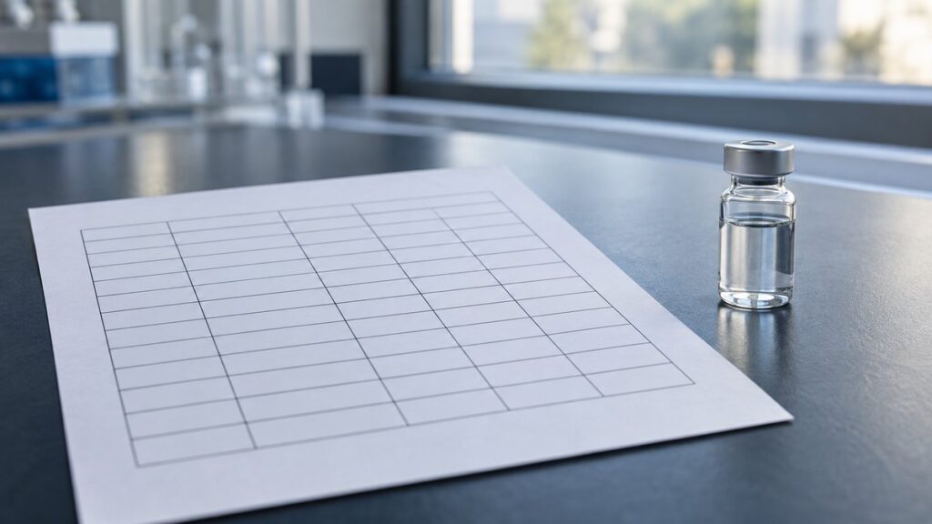 Artículo de un ensayo de fase 3 de retatrutida junto a un vial de investigación sin etiqueta sobre una mesa de laboratorio