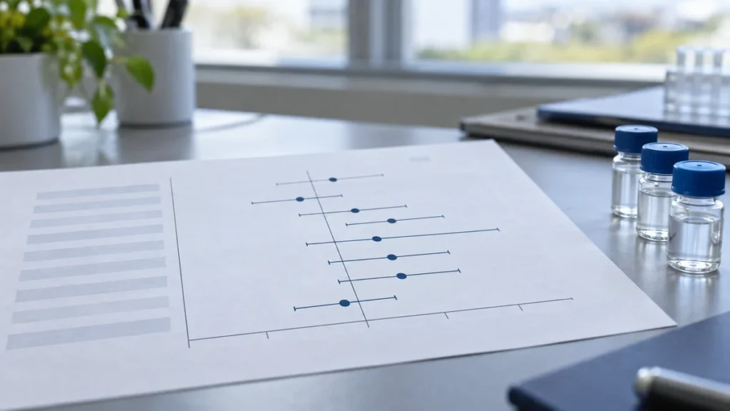 Gráfico de bosque estadístico con intervalos de confianza junto a viales de investigación