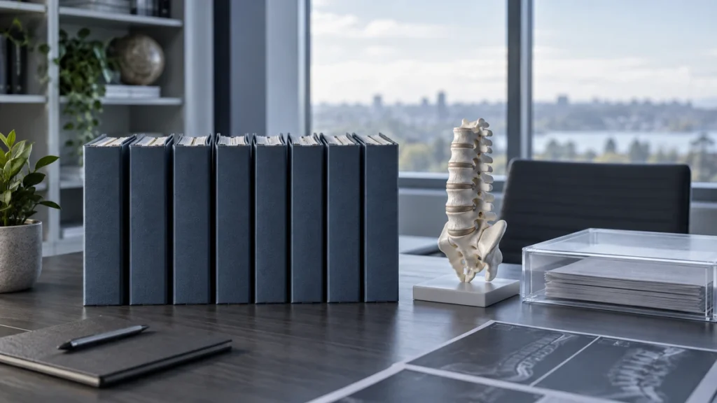 GLP-1 representado por siete carpetas de cohorte sin etiquetas junto a un modelo neutro de planificación de columna lumbar.