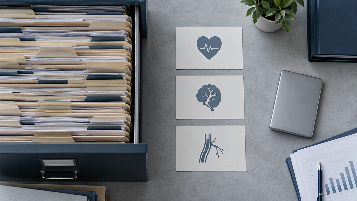 Semaglutide representado por un cajón de archivo con expedientes anonimizados junto a tarjetas neutras de criterios cardiovasculares.