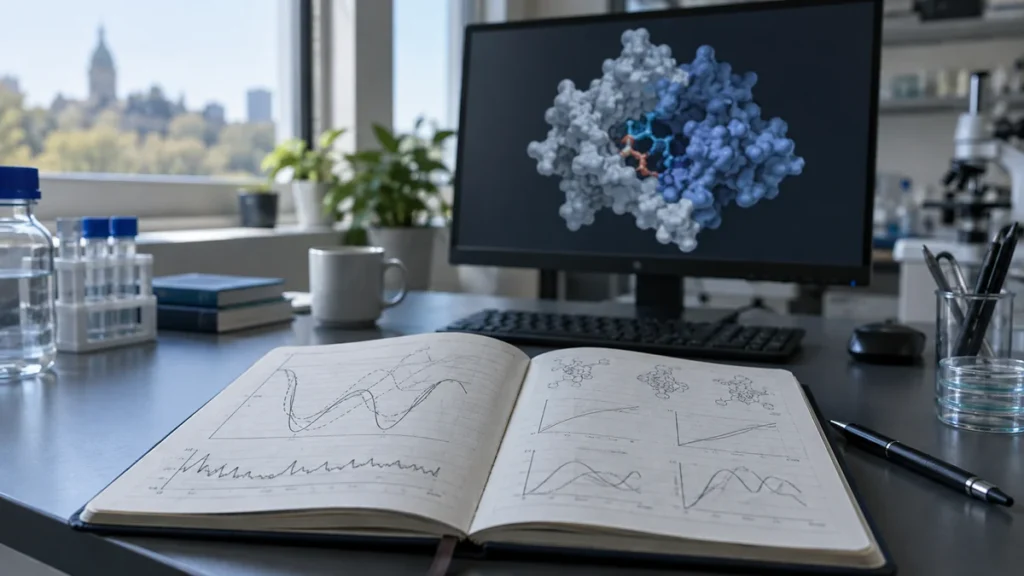 Gráficos de simulación molecular en un cuaderno de investigación