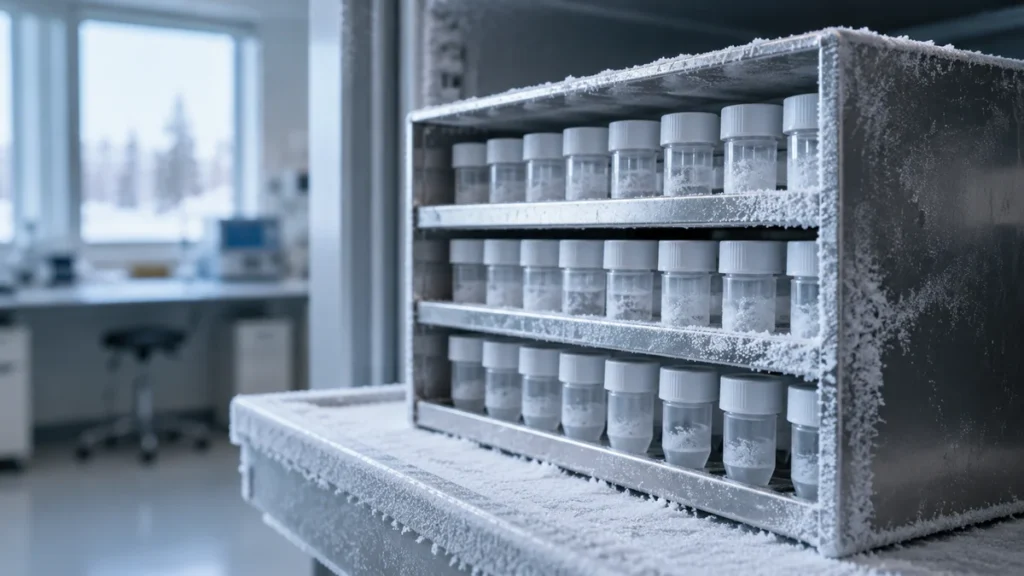 Viales de investigación en un congelador de laboratorio