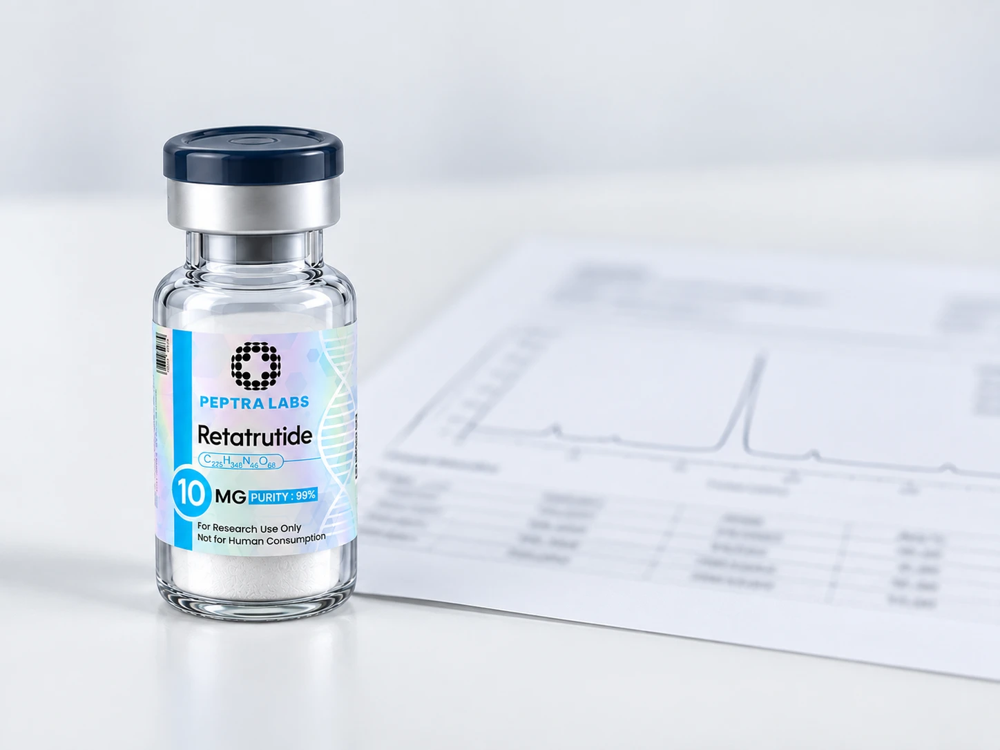 Informe HPLC de pureza para péptidos de investigación Vial de Retatrutide junto a un informe de análisis HPLC