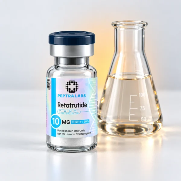 Vial de Retatrutide junto a un matraz Erlenmeyer, categoría investigación metabólica