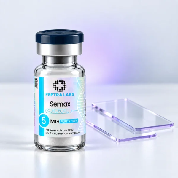 Vial de Semax junto a portaobjetos de microscopio, categoría investigación neurológica y cognitiva