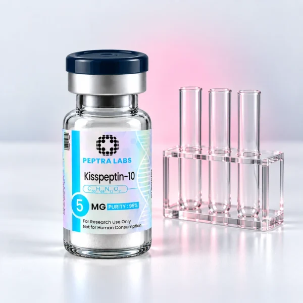 Vial de Kisspeptin-10 junto a tubos de ensayo, categoría investigación en salud sexual y reproductiva