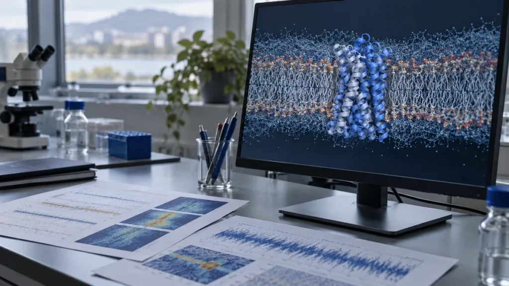 Simulación de una proteína de membrana en un monitor de laboratorio