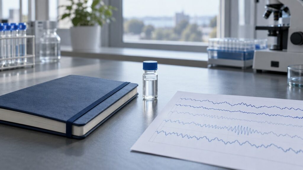 Gráfico de investigación sobre GLP-1 y apnea del sueño junto a un vial de investigación