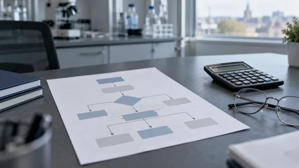 Diagrama de un ensayo clínico en una mesa de laboratorio
