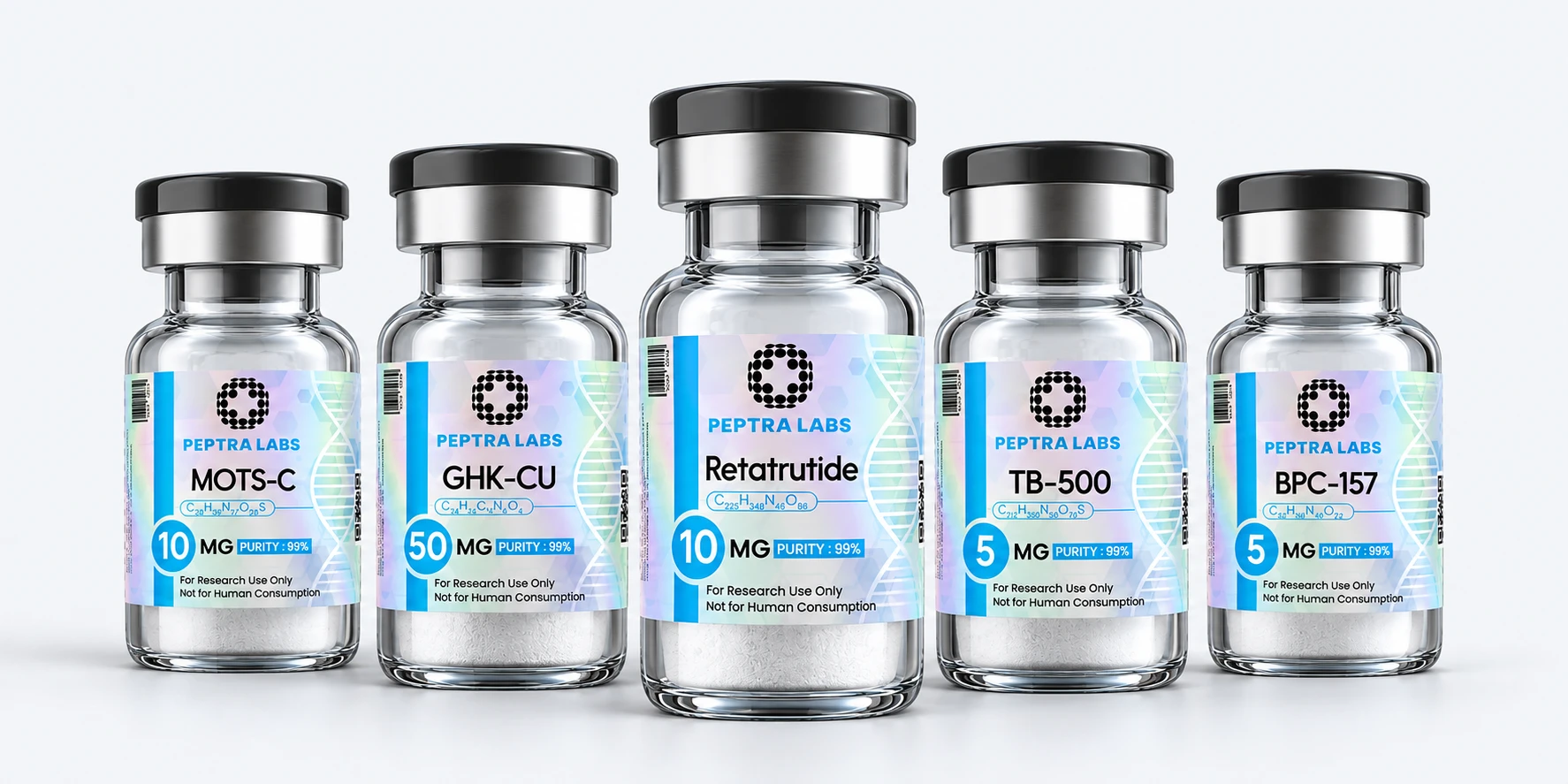 Viales de péptidos de investigación Peptra Labs Viales de péptidos de investigación Peptra Labs: Retatrutide, MOTS-c, GHK-Cu, TB-500 y BPC-157
